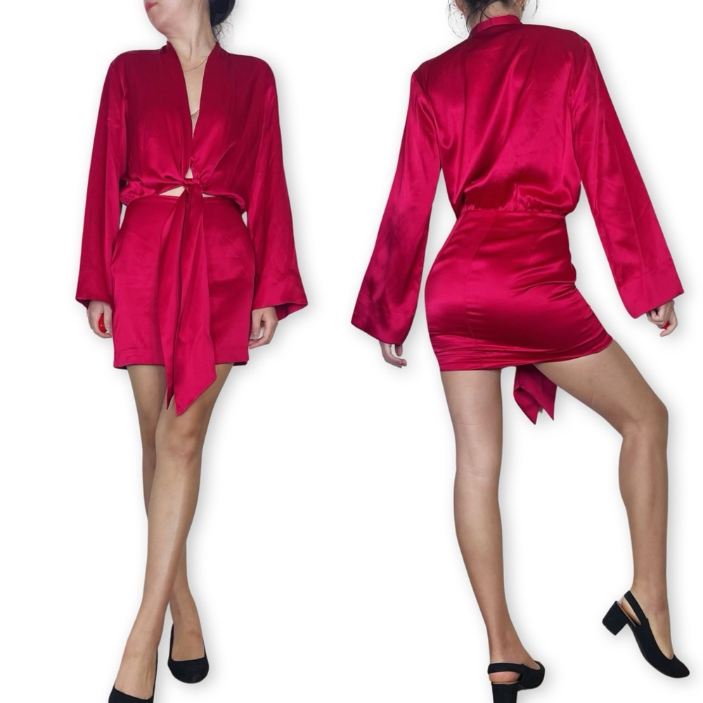 Michelle Mason 100% Silk Kimono Tie Mini Dress in Ruby Red Size 0 - Picture 11 of 16